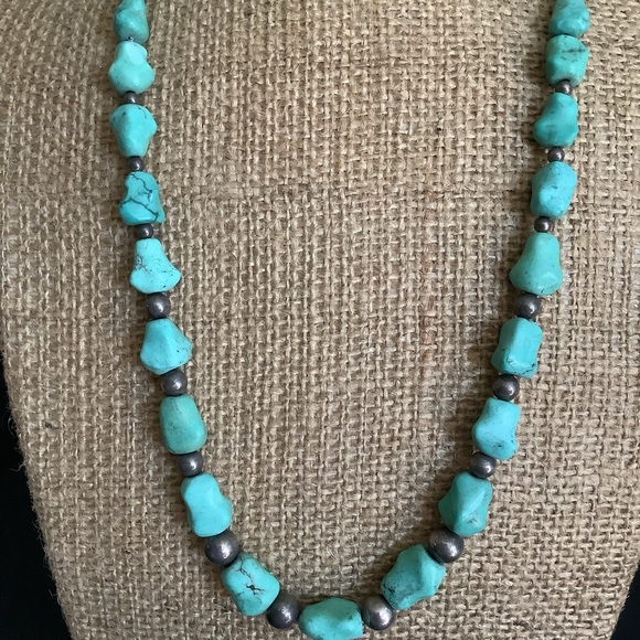 Vintage 925 s silver genuine Chinese Turquoise and Silver Beaded Necklace